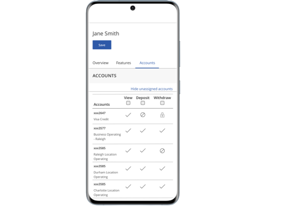 mobile screen showing the First Heritage Crest app Accounts page for Jane Smith